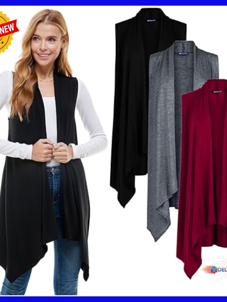 Sleeveless Cardigan Vest 3-Pack, Soft Rayon-Spandex, Long Duster Open Front